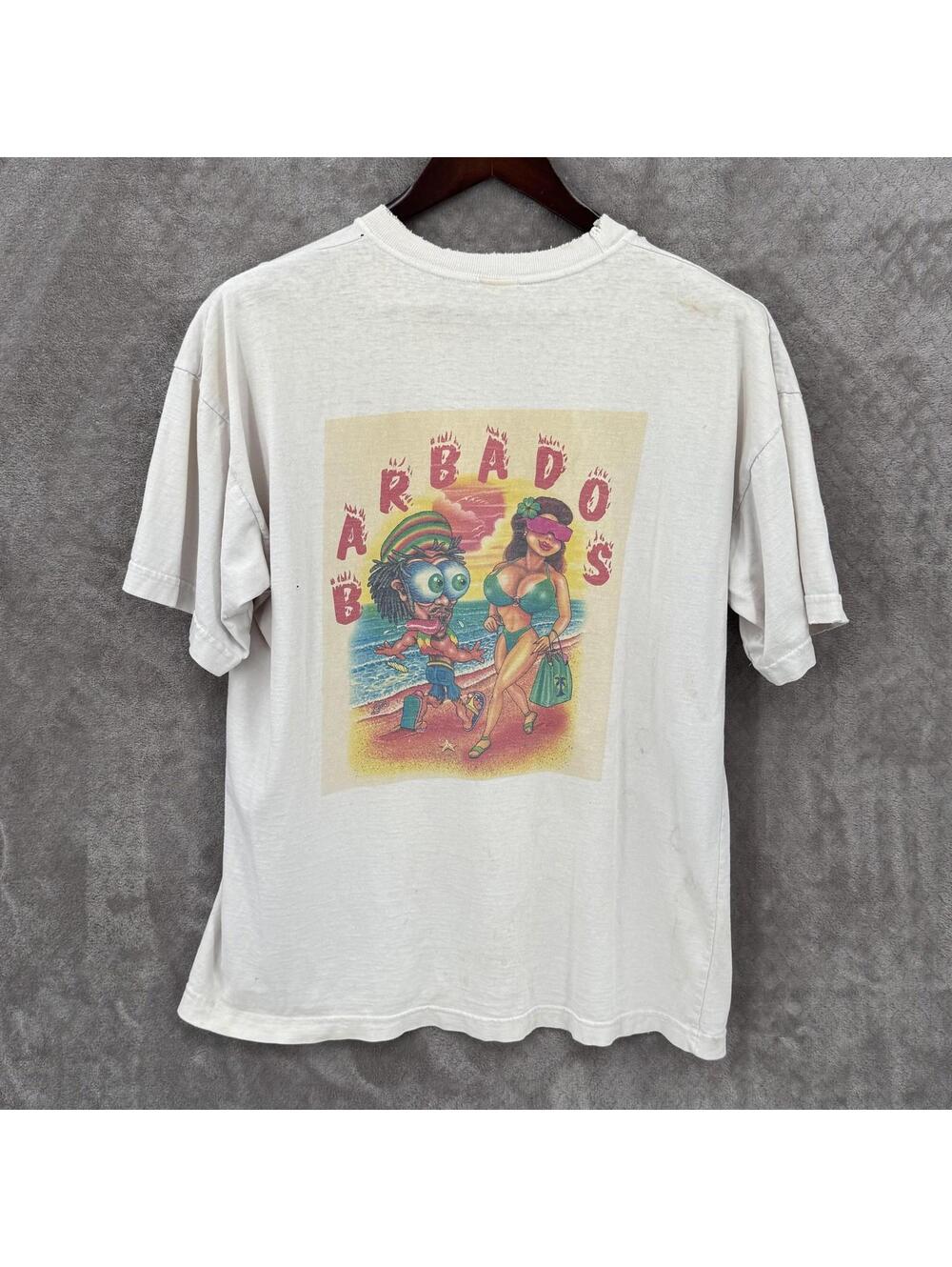Vintage River Bay Shirt Mens L White Barbados Beach Graphic Cartoon 90s Novelty